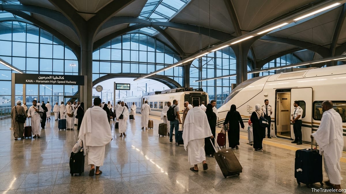 Pilgrims in ihram walking toward a Haramain high-speed train at Jeddah Airport station.