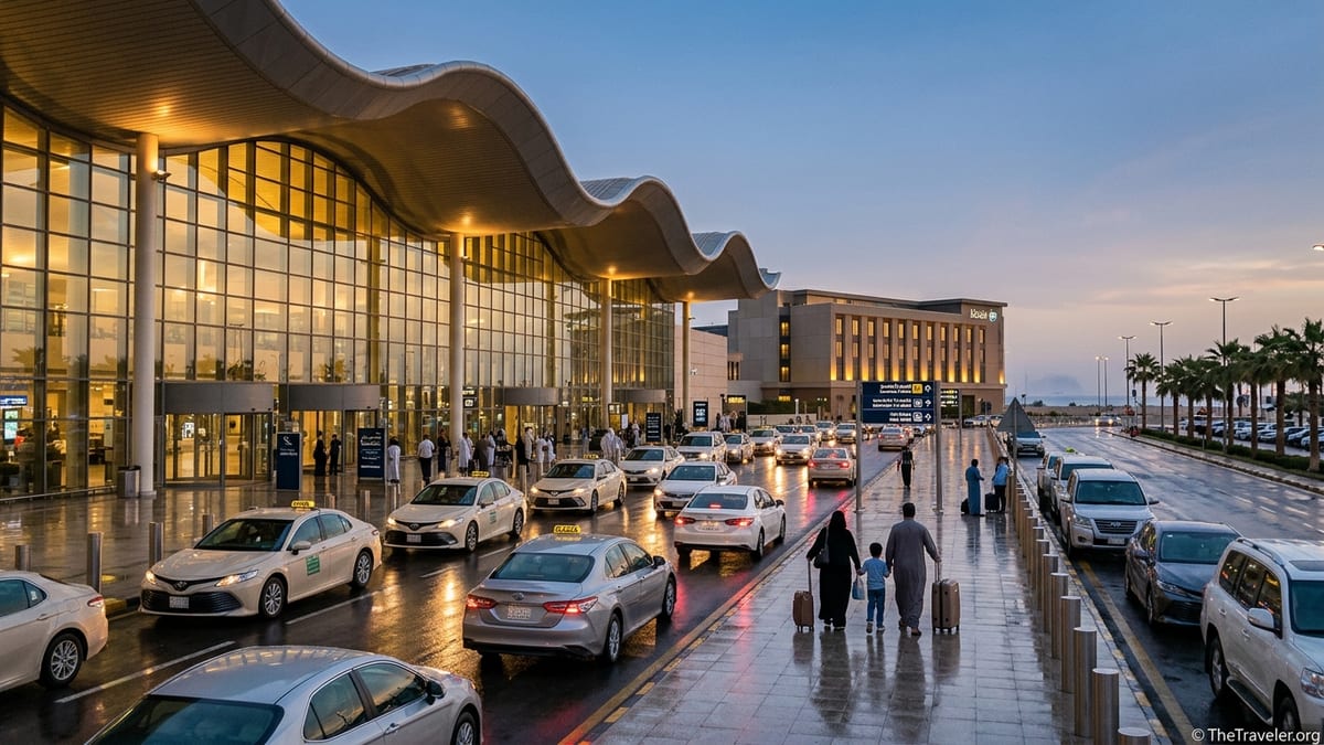 Evening view of Jeddah airport Terminal 1 with taxis and nearby hotel.
