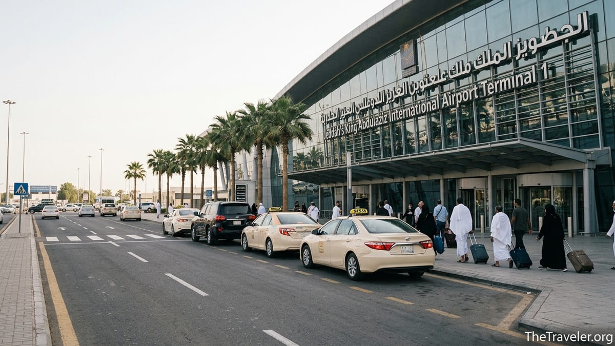 Official taxis and travelers outside Jeddah’s King Abdulaziz International Airport pickup area.