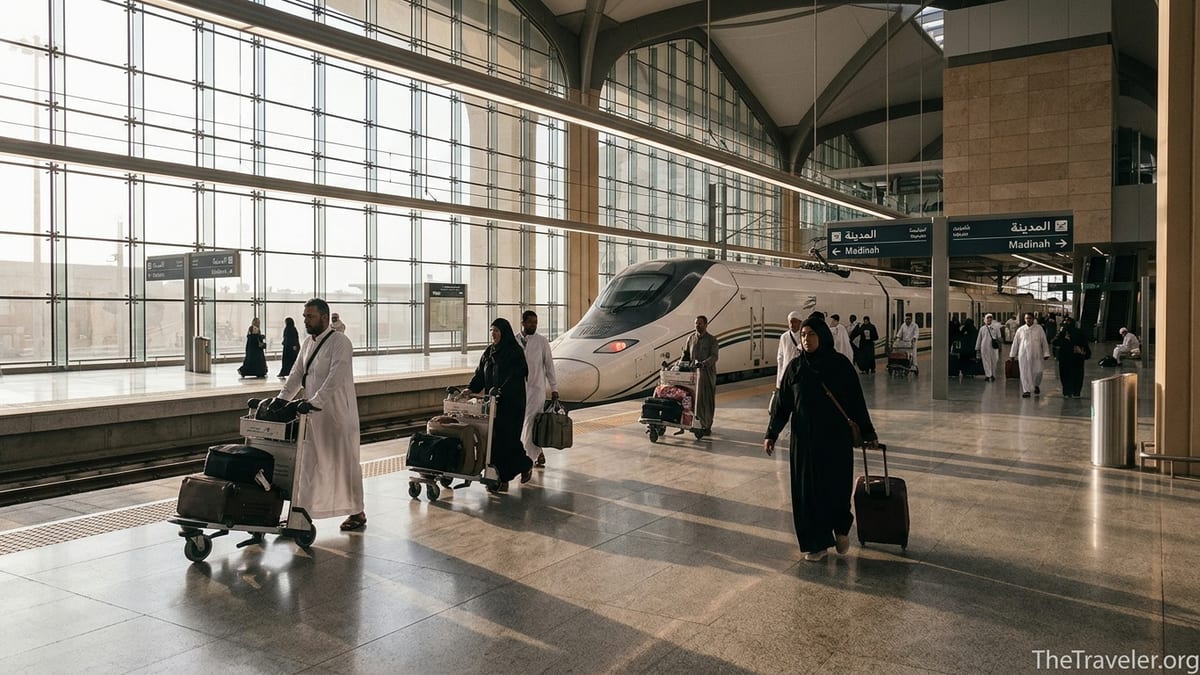Pilgrims with luggage boarding the Haramain high-speed train at Jeddah Airport station.
