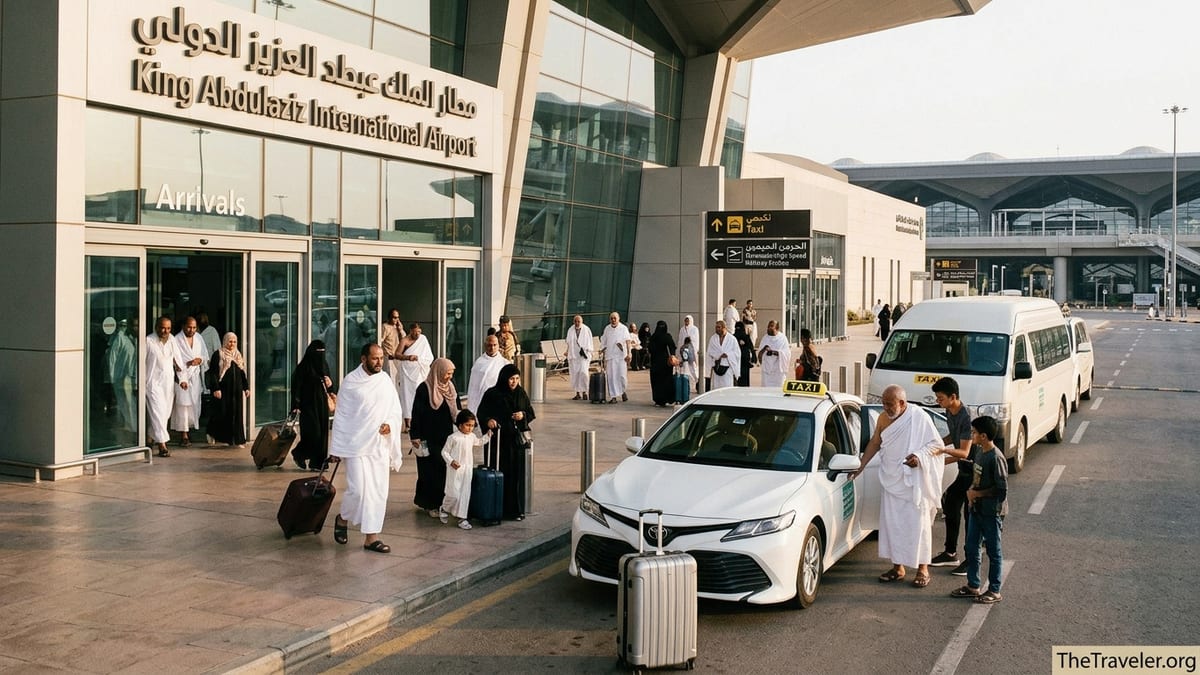 Umrah pilgrims in ihram leaving Jeddah Airport toward taxis and transfers to Makkah.