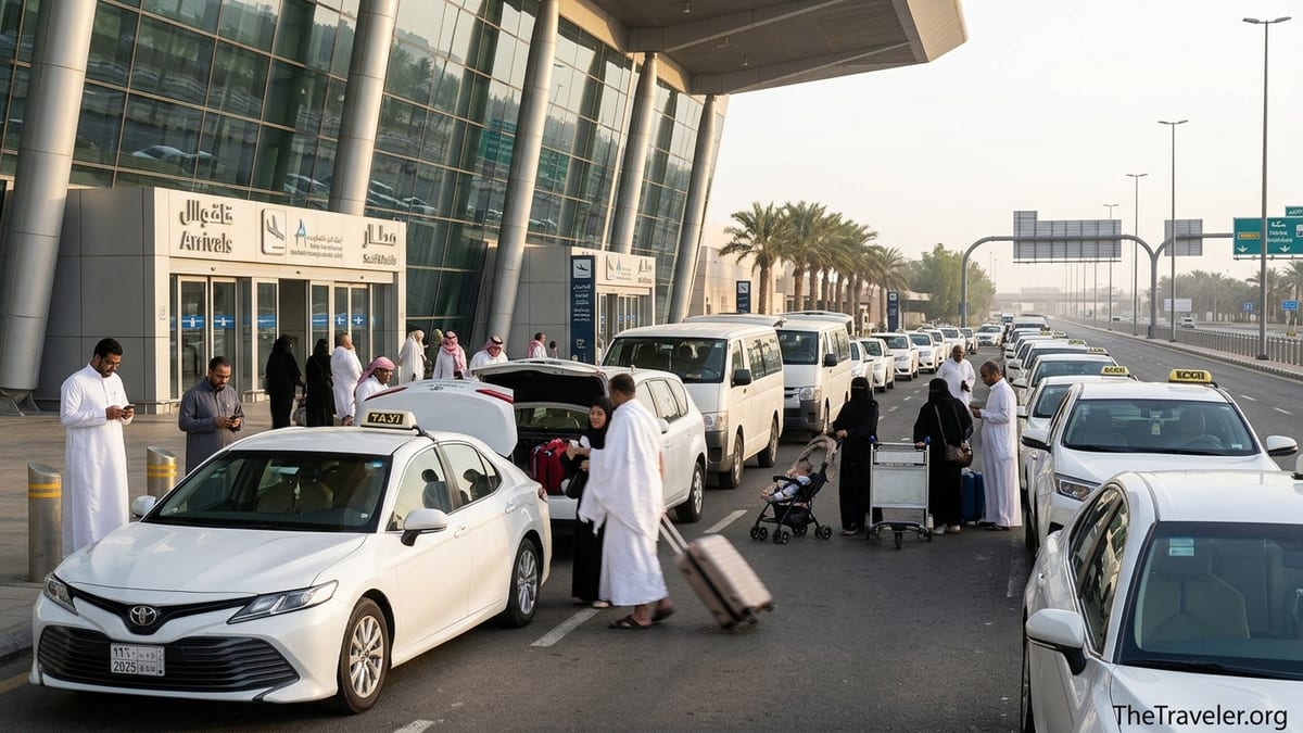 Pilgrims in ihram and families boarding taxis outside Jeddah Airport arrivals.