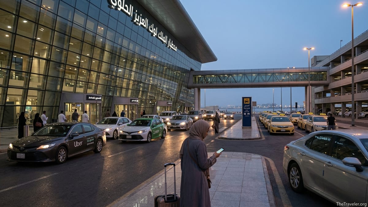 Travelers using rideshare pickups outside Jeddah Airport Terminal 1 at dusk.