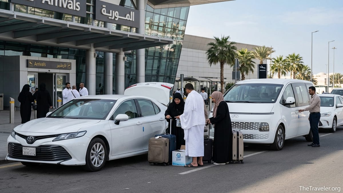 Pilgrims outside Jeddah Airport loading luggage into private cars and a van for Umrah transfers.
