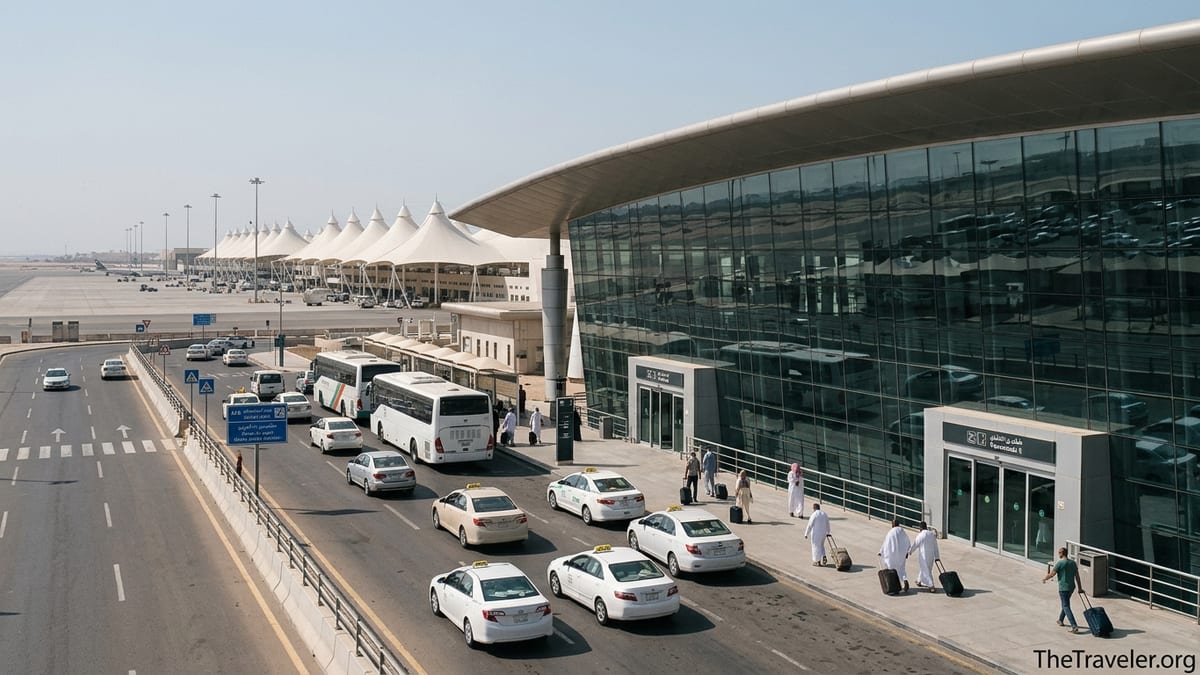 Exterior view of Jeddah airport showing Terminal 1 and the distant Hajj Terminal tents with mixed travelers arriving.