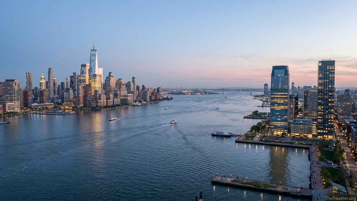 Evening view across the Hudson River showing Manhattan and Jersey City skylines facing each other.