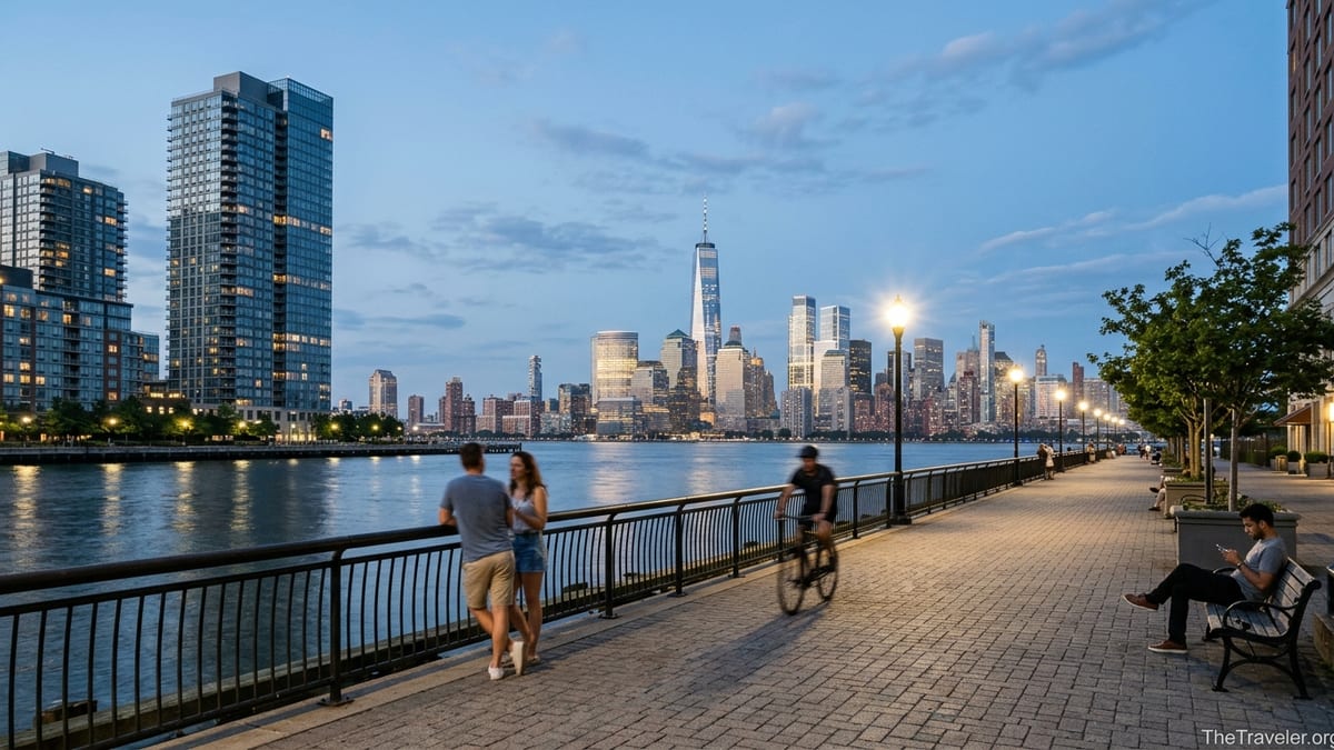 Evening view of Jersey City waterfront promenade with locals and Manhattan skyline across the Hudson River.