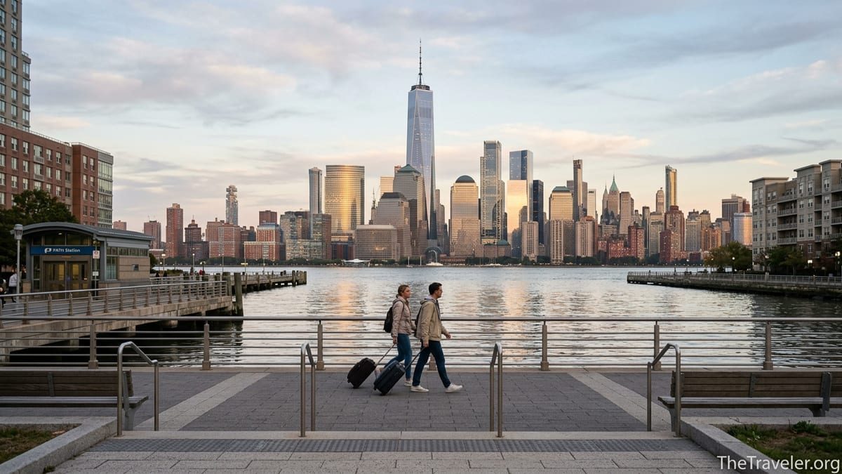 Travelers walking along the Jersey City waterfront promenade facing the Manhattan skyline at golden hour.