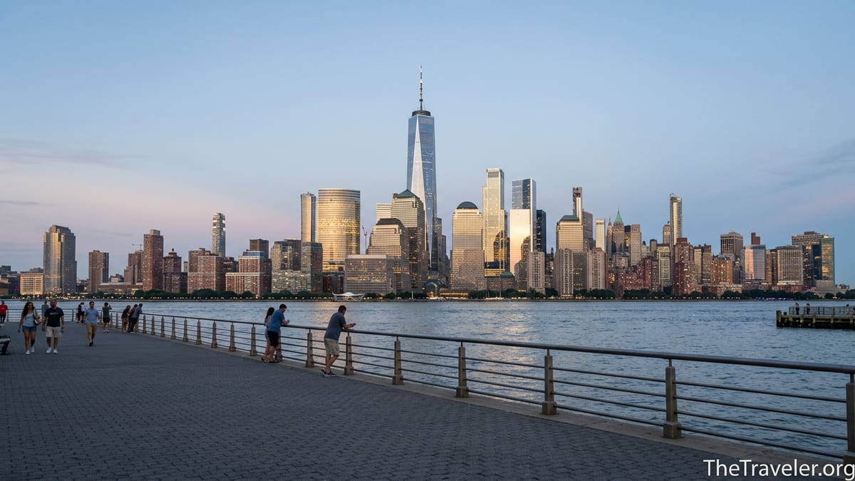 Jersey City waterfront promenade at blue hour facing the illuminated Lower Manhattan skyline across the Hudson River.