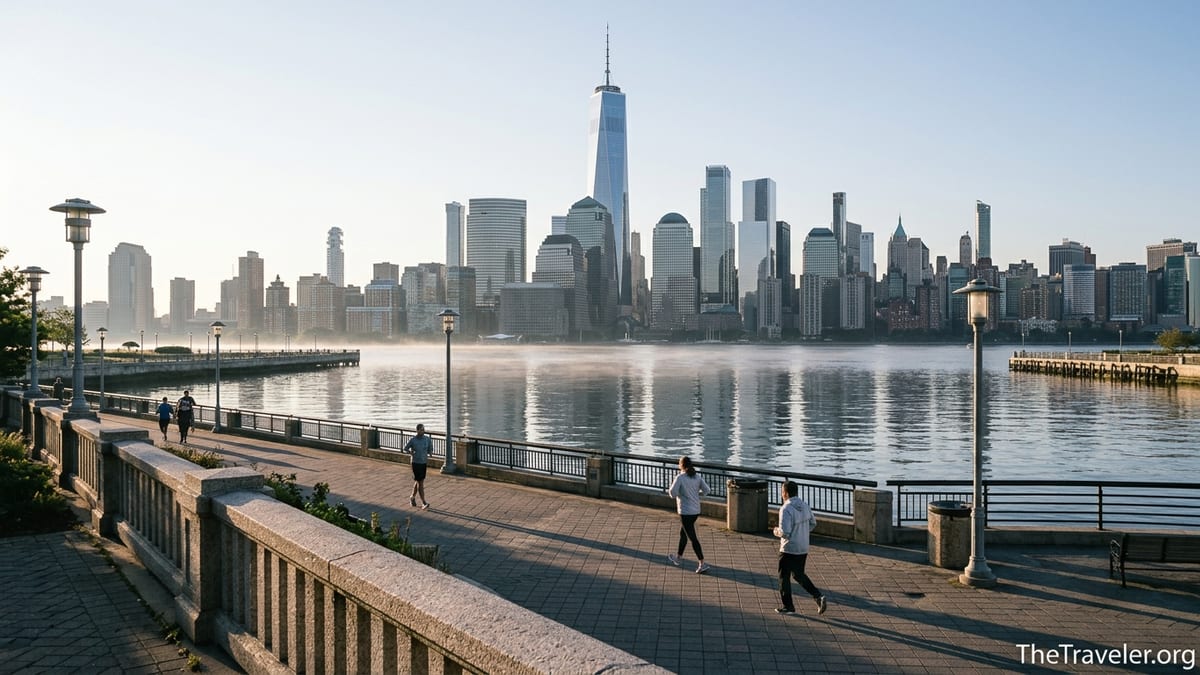 Sunrise view of Lower Manhattan skyline from Jersey City’s Hudson River waterfront promenade.