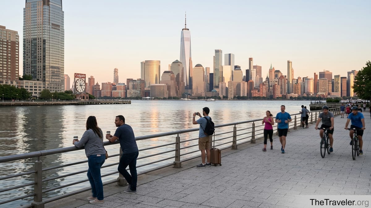 Travelers on the Jersey City waterfront promenade at sunset facing the Lower Manhattan skyline.