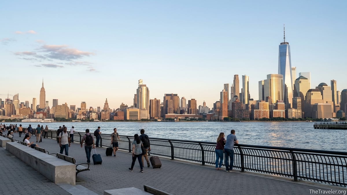 Jersey City waterfront promenade with people facing the Manhattan skyline at sunset