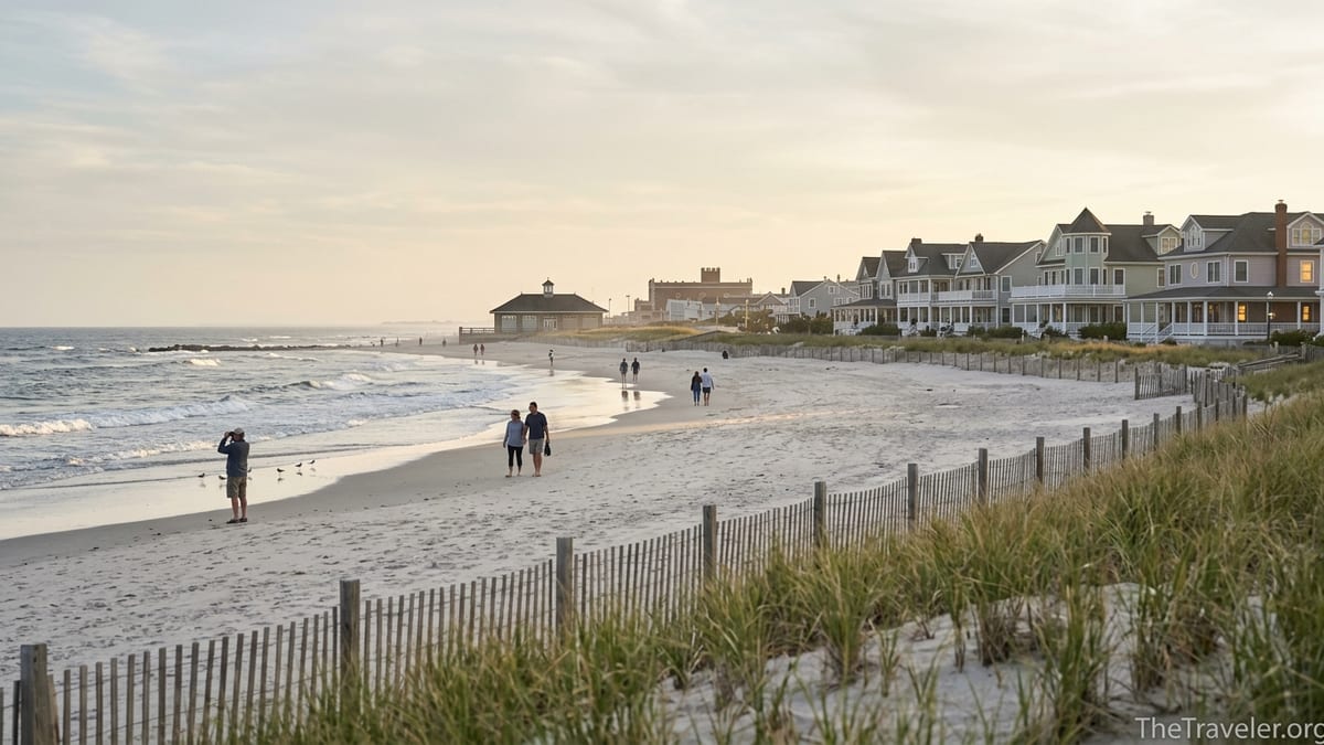 Quiet Jersey Shore beach at golden hour with dunes and historic houses in the distance.