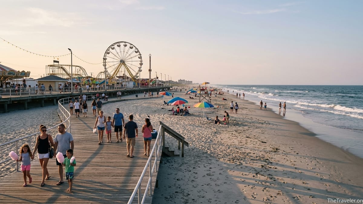 Families walking along a Jersey Shore boardwalk at sunset beside a busy beach and amusement rides.
