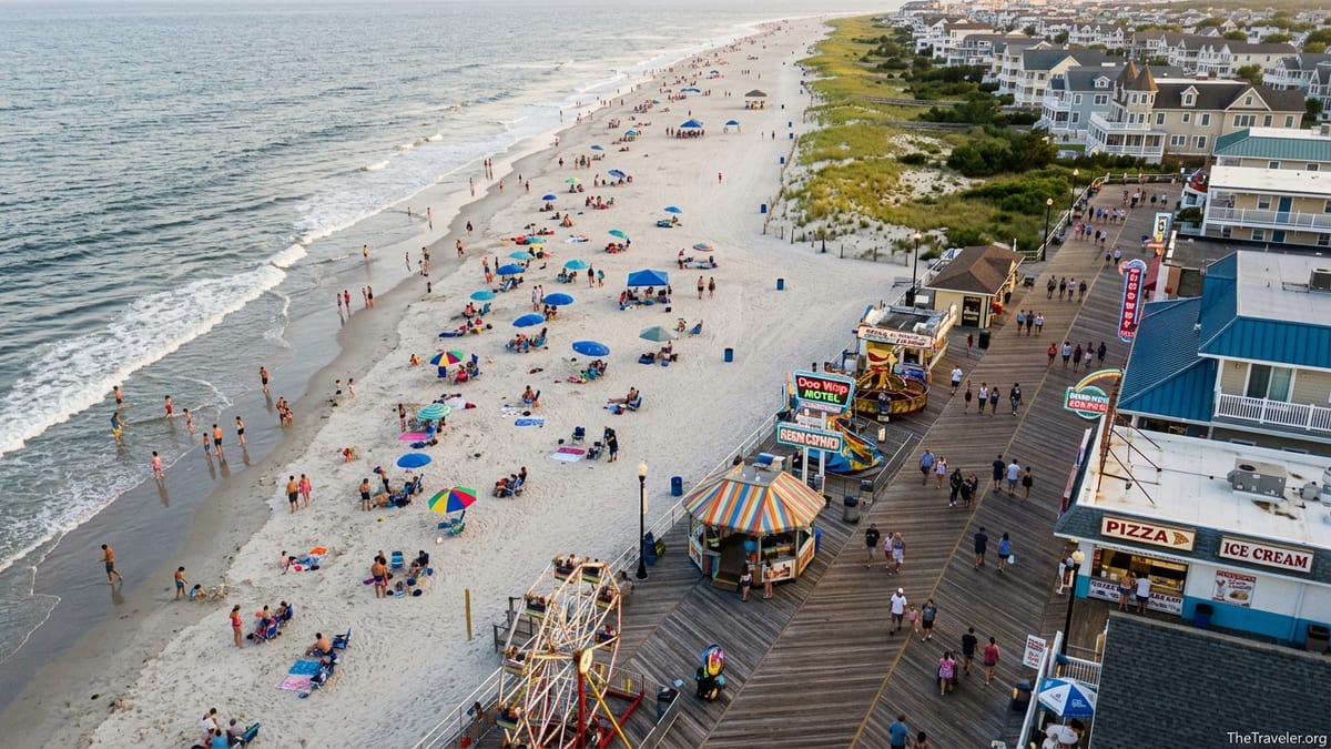 Crowded Jersey Shore boardwalk and beach at golden hour with families and couples along the surf.