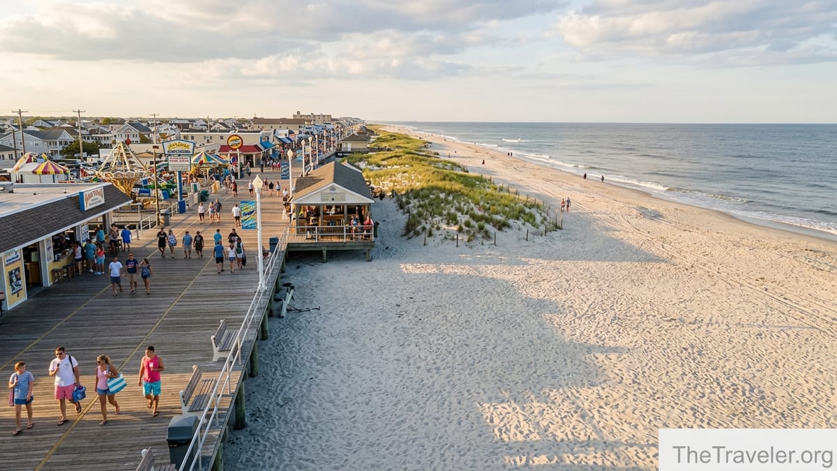 Jersey Shore beach at sunset showing a lively boardwalk on one side and a quiet sandy stretch on the other.