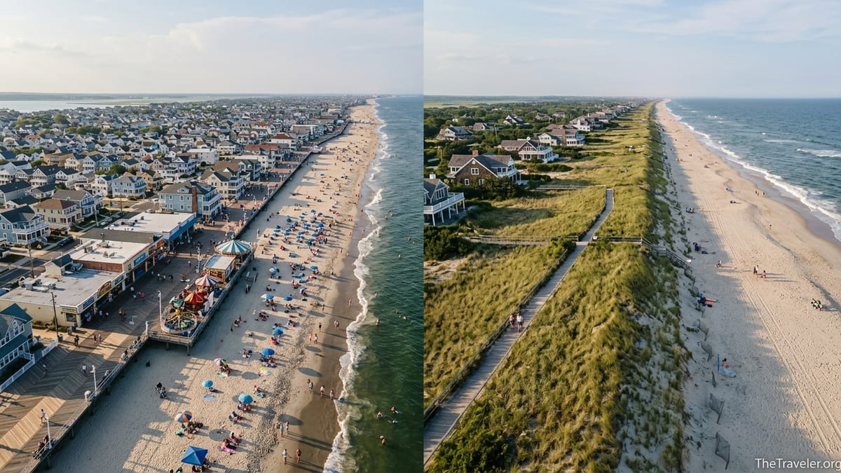 Aerial view contrasting a busy Jersey Shore boardwalk beach with a quieter dune-backed Long Island shoreline.