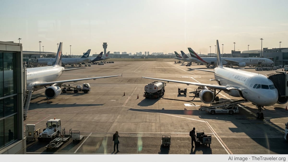 Airport apron at sunset with fuel trucks servicing widebody jets at crowded gates.