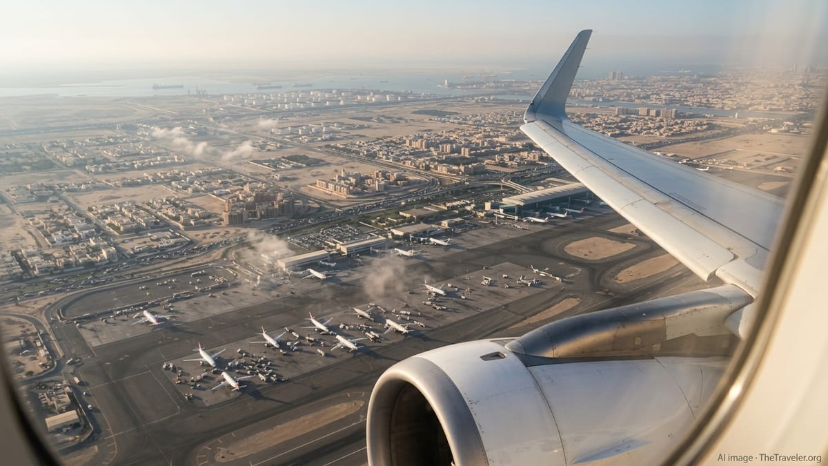 Passenger view over Gulf airports and desert cities during a hazy sunset flight.