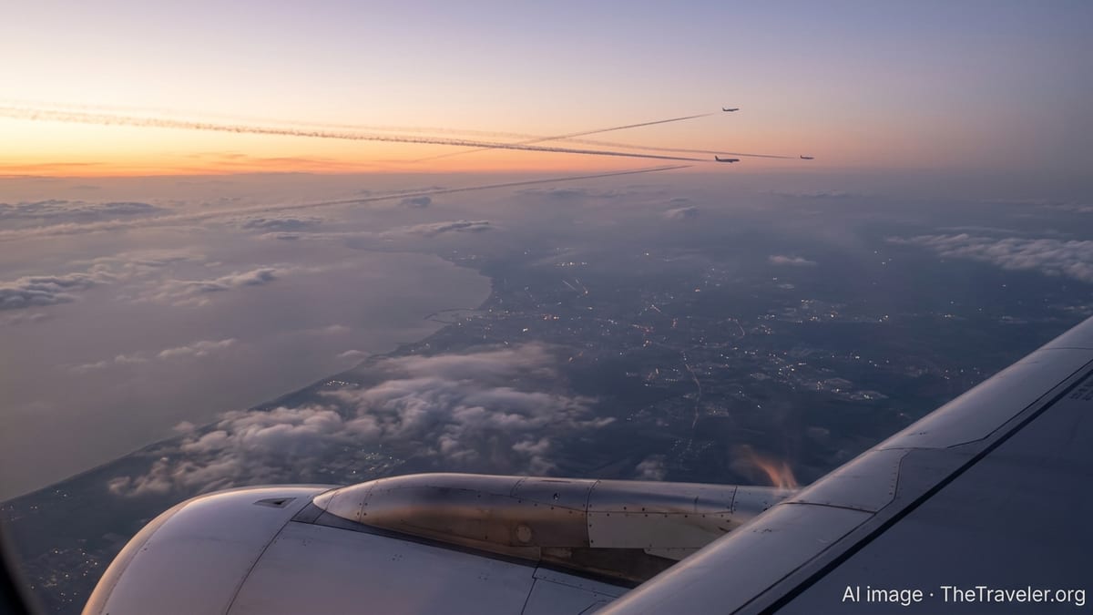 View from an airplane window at sunset, wing and engine framed against contrails and distant city lights.