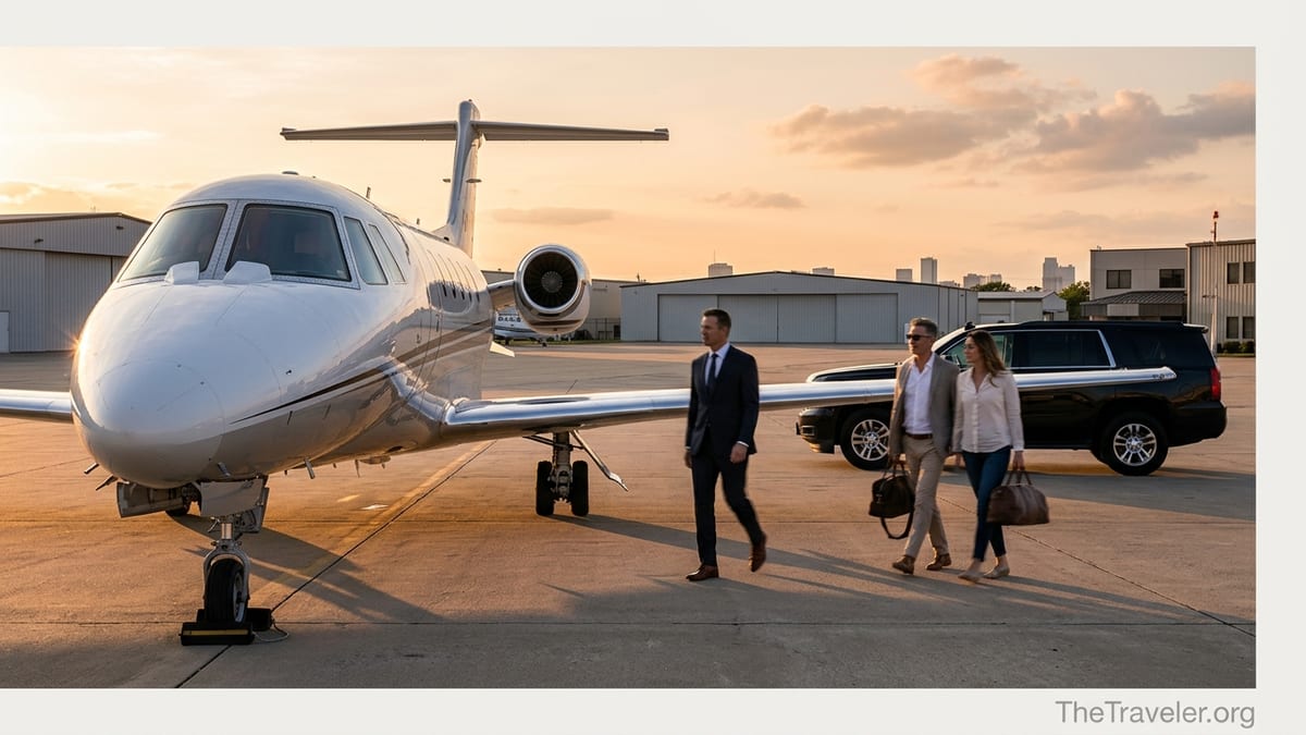 Business and leisure travelers walking toward a private jet at sunset outside a quiet U.S. private terminal.