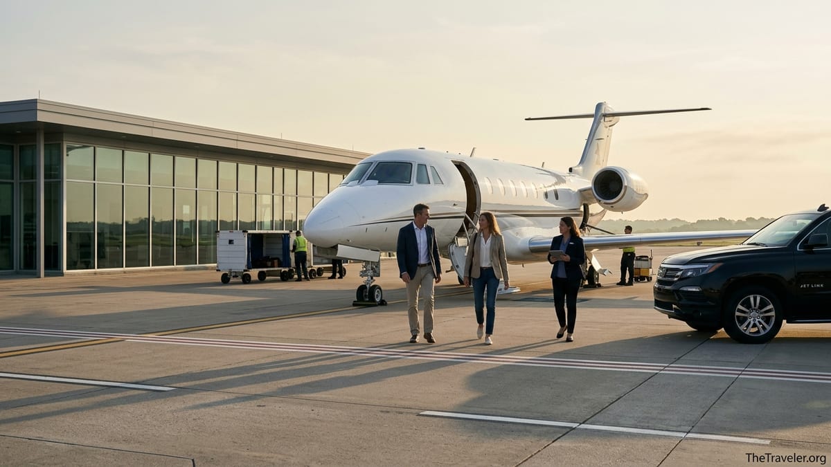 Couple walking with concierge toward a private jet at a quiet morning terminal