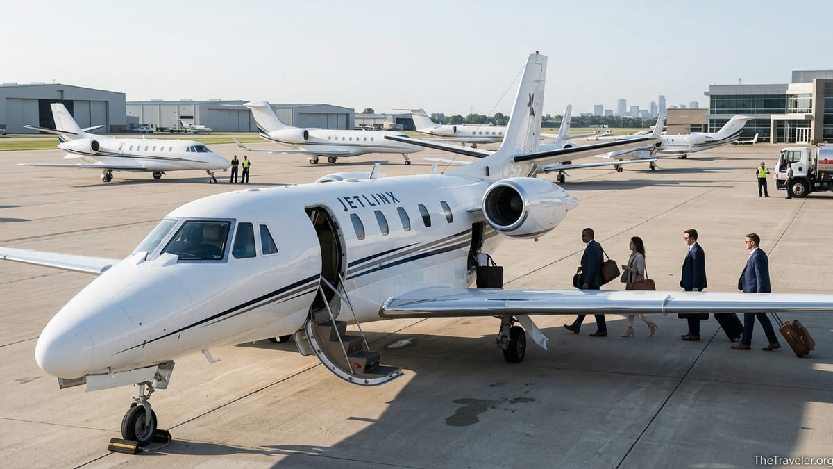 Jet Linx private jet on a busy tarmac with several business aircraft at sunrise.