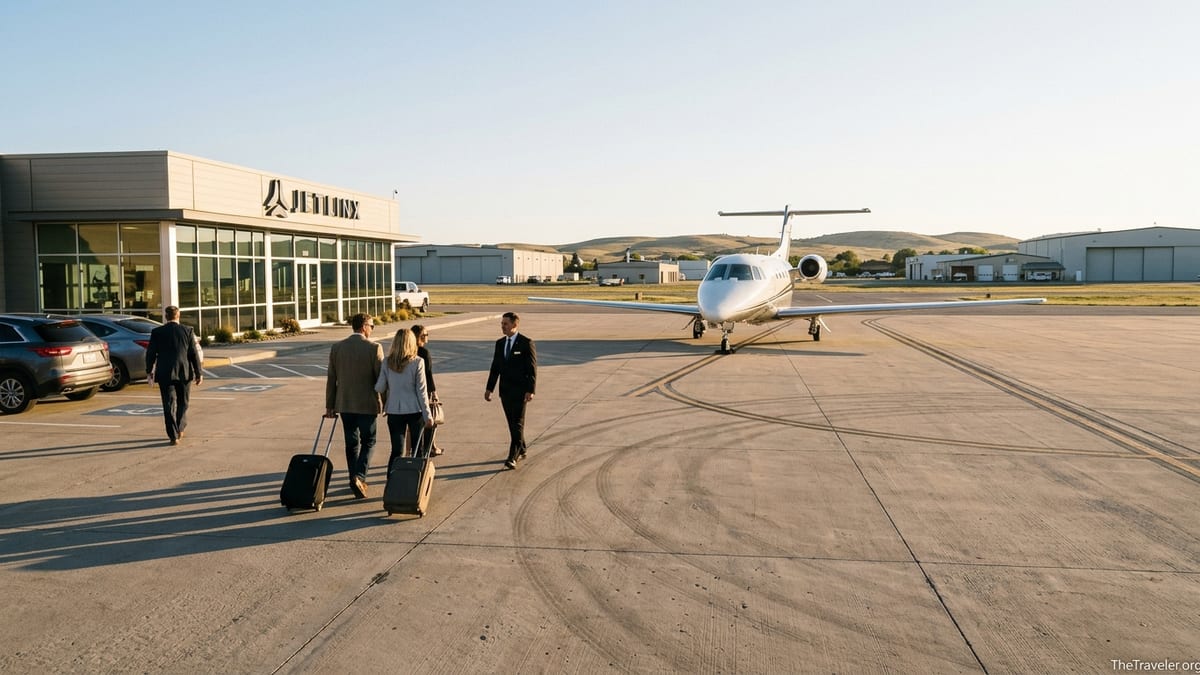Travelers walking toward a private jet at a Jet Linx terminal at sunrise.