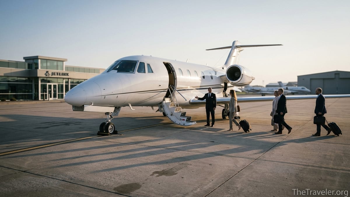 Travelers walking toward a private jet outside a quiet private terminal at sunrise.
