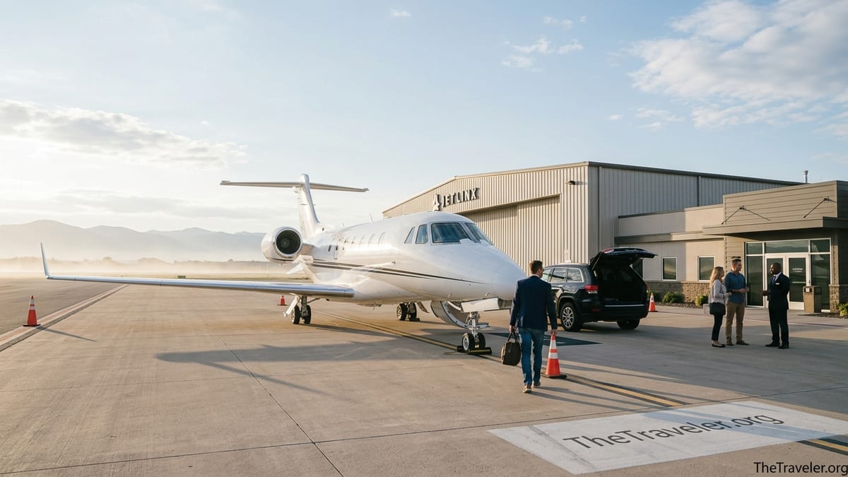 Traveler walking to a private jet at sunrise outside a Jet Linx-style terminal.