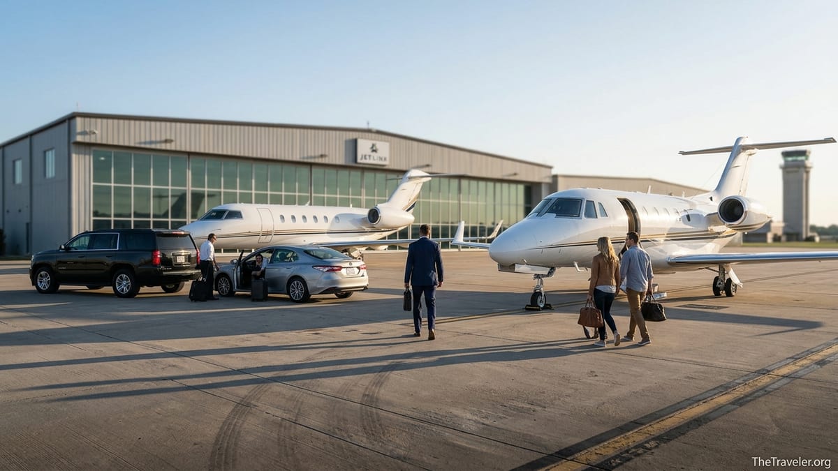 Travelers walking to private jets at a U.S. private terminal at sunrise.