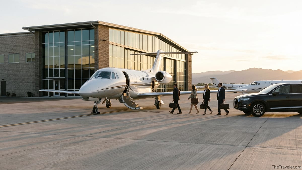 Travelers walking toward a private jet at sunset outside a modern terminal