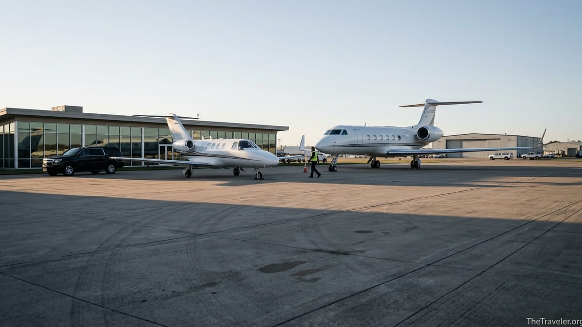 Two private jets of different sizes parked by a quiet private terminal at sunrise.