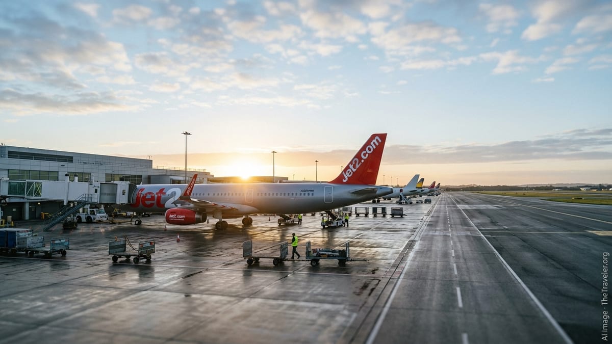 Jet2 Airbus aircraft at London Gatwick stand at sunrise with ground crew preparing for departure.
