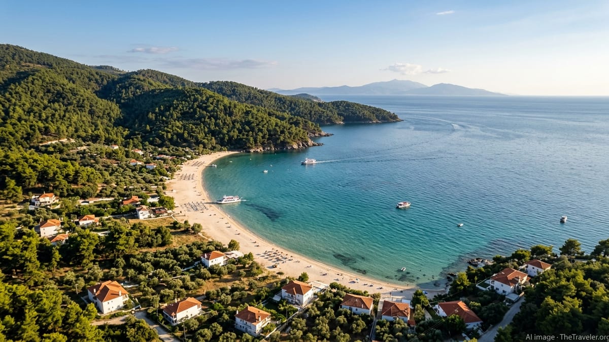 Aerial view of lush green Thassos coastline with sandy beach and turquoise sea.
