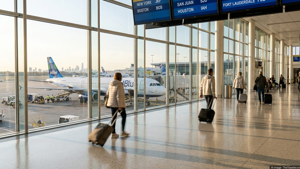 JetBlue aircraft at a U.S. airport gate as travelers walk through a bright terminal.