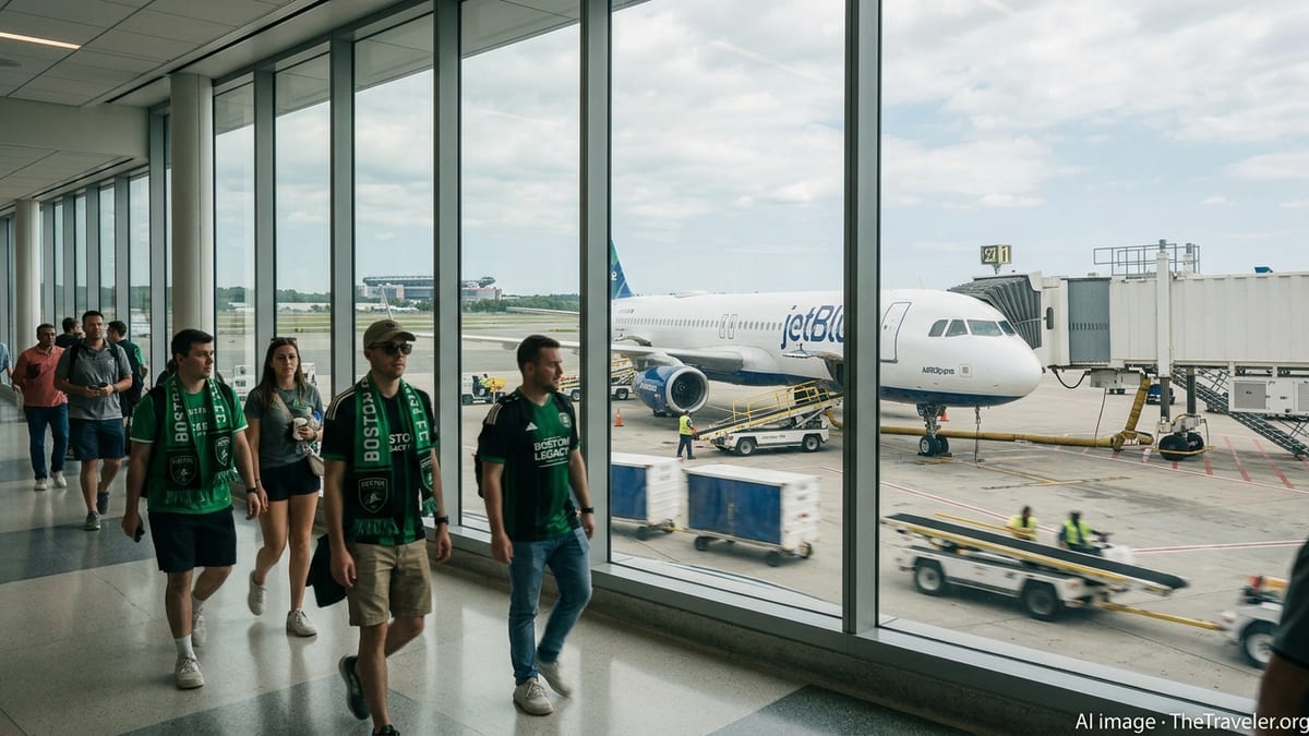 Travelers in Boston Legacy FC gear walk past a JetBlue plane at Logan Airport.