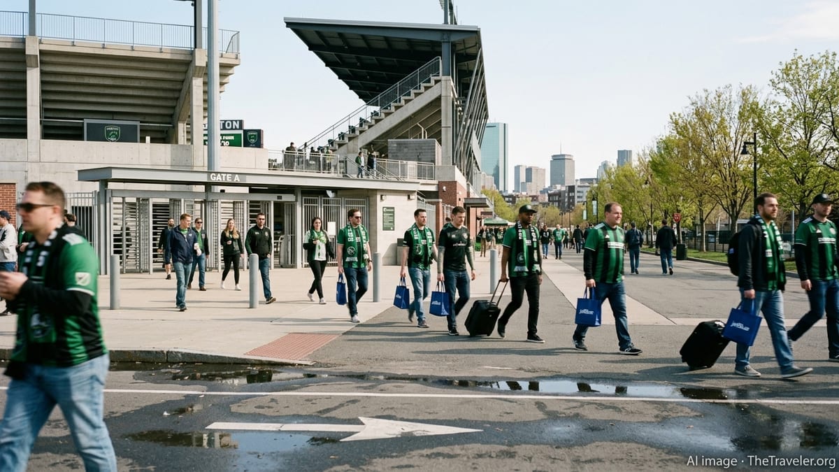 Fans in Boston Legacy FC gear walking toward a stadium on matchday