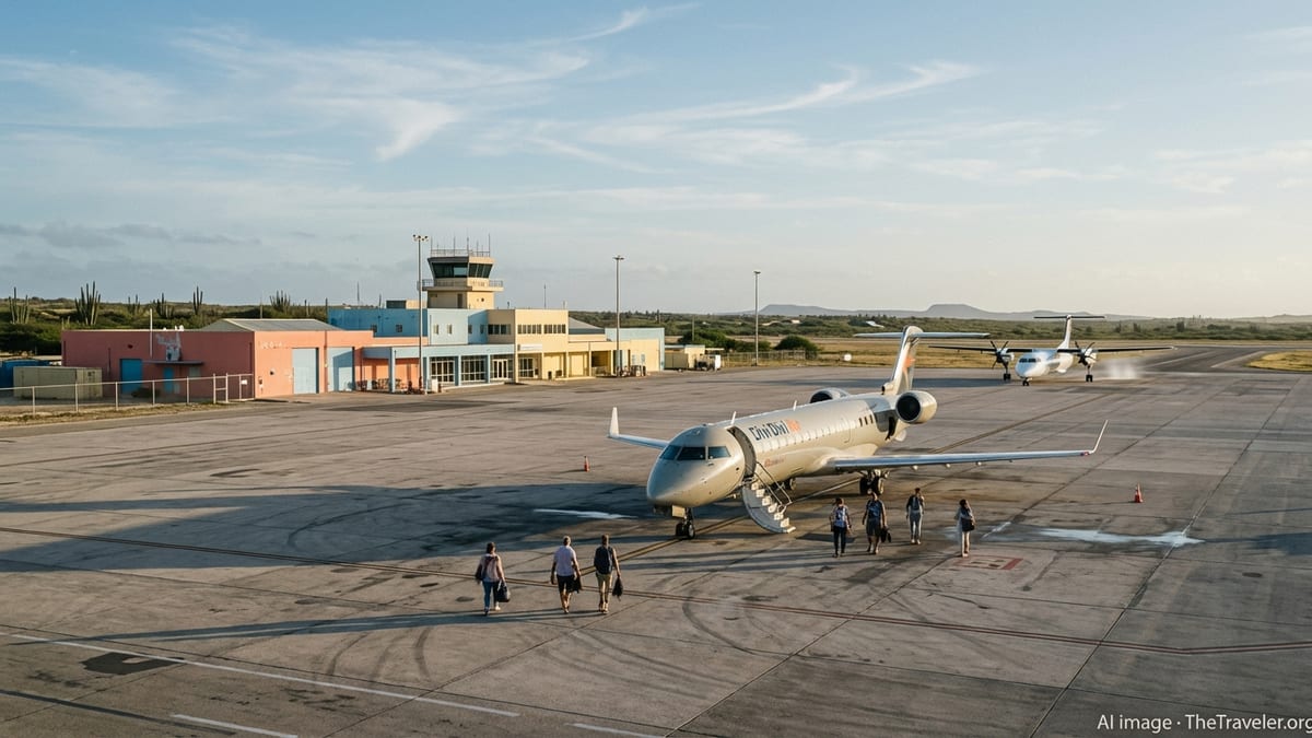Quiet morning at Bonaire’s airport with few passengers and a single jet on the tarmac.