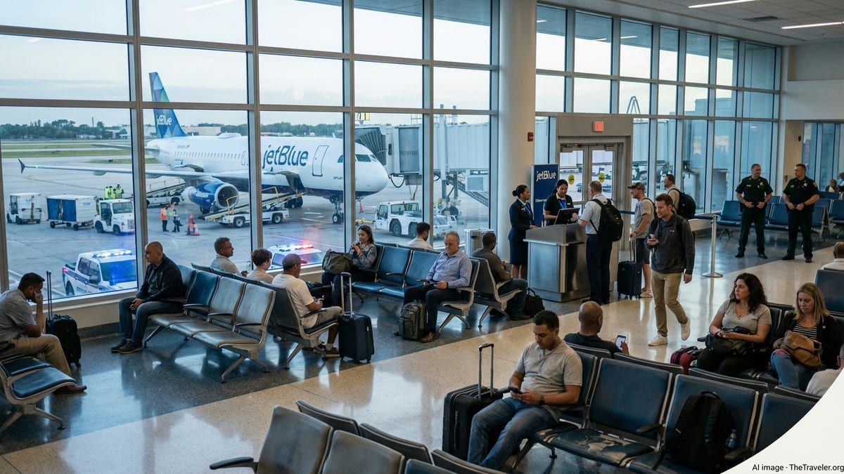 Passengers wait at a Fort Lauderdale airport gate as a JetBlue jet sits at the window with visible police activity outside.