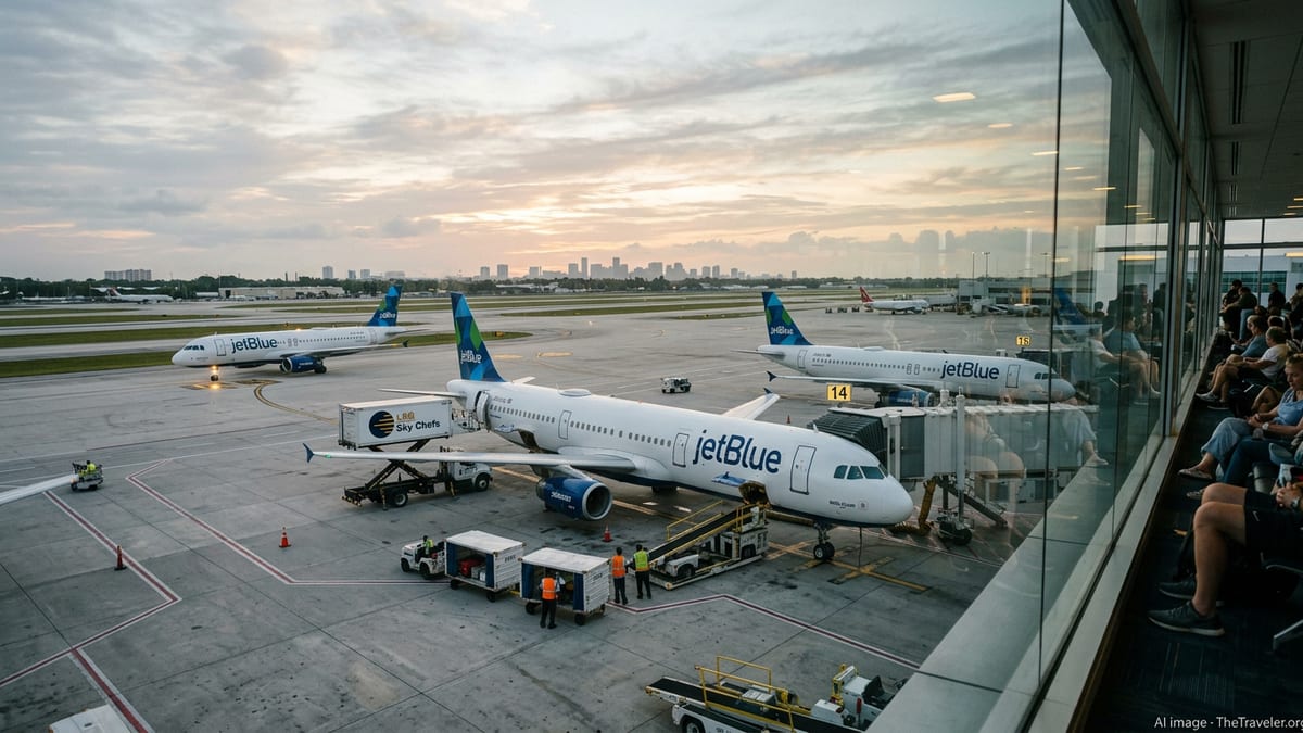 JetBlue aircraft lined up at Fort Lauderdale-Hollywood gates at sunrise.