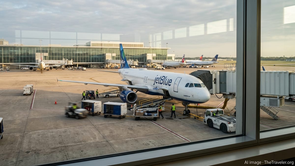 JetBlue aircraft at a Houston IAH gate at sunrise with ground crew and terminal in view.