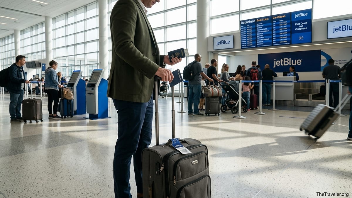 Traveler holding a credit card at a JetBlue airport check-in area with luggage.