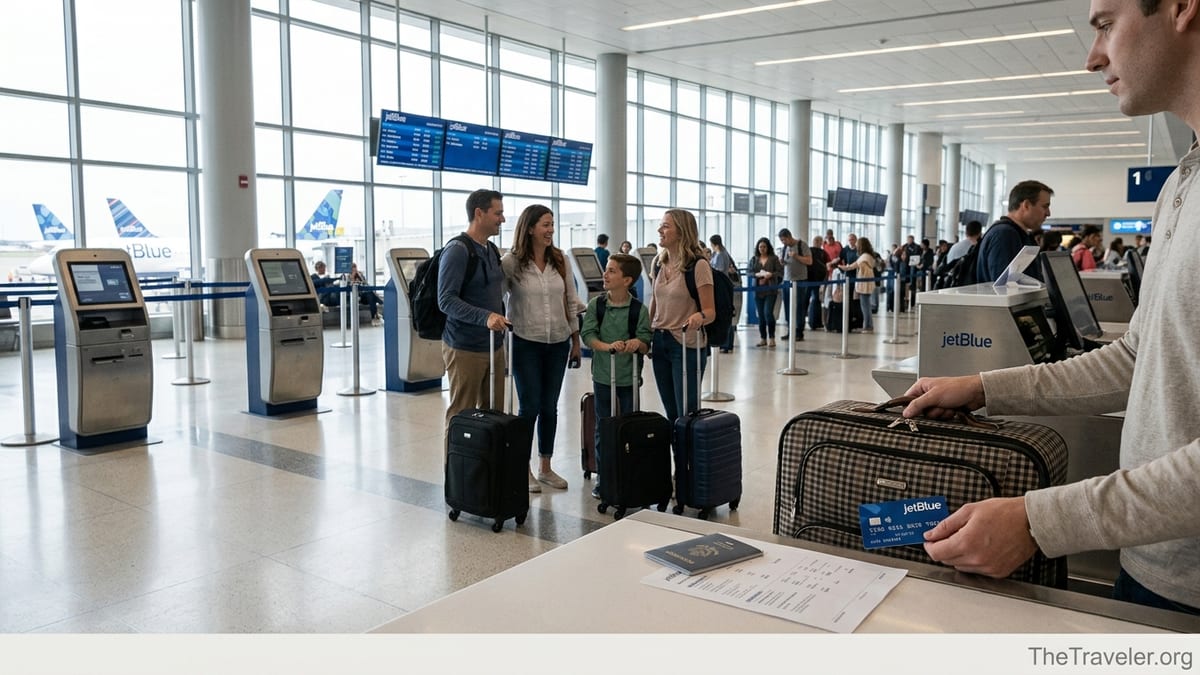 Traveler at JetBlue check-in counter using an airline credit card while checking luggage at a busy airport terminal.