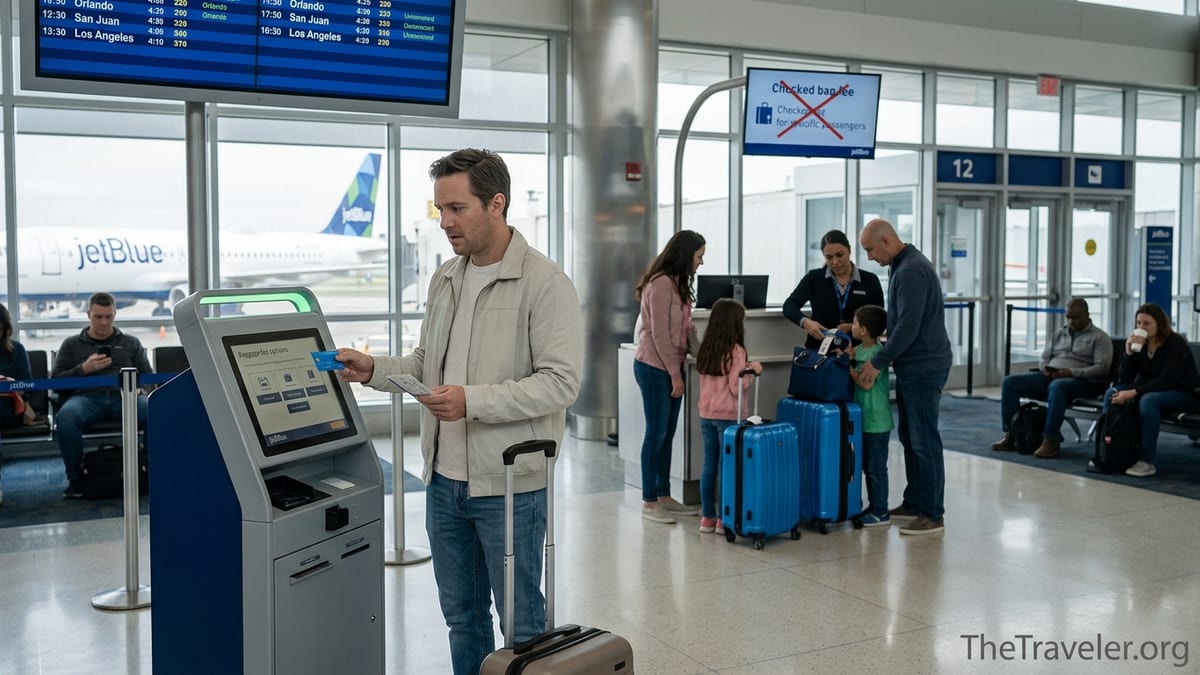Traveler at a JetBlue airport kiosk reviewing baggage fees while holding a blue credit card.