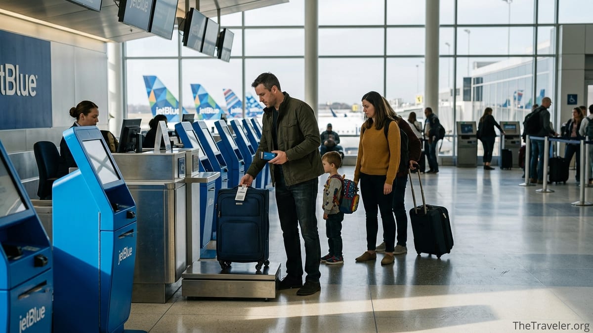 Traveler checking a suitcase at a JetBlue airport counter, holding a blue credit card.