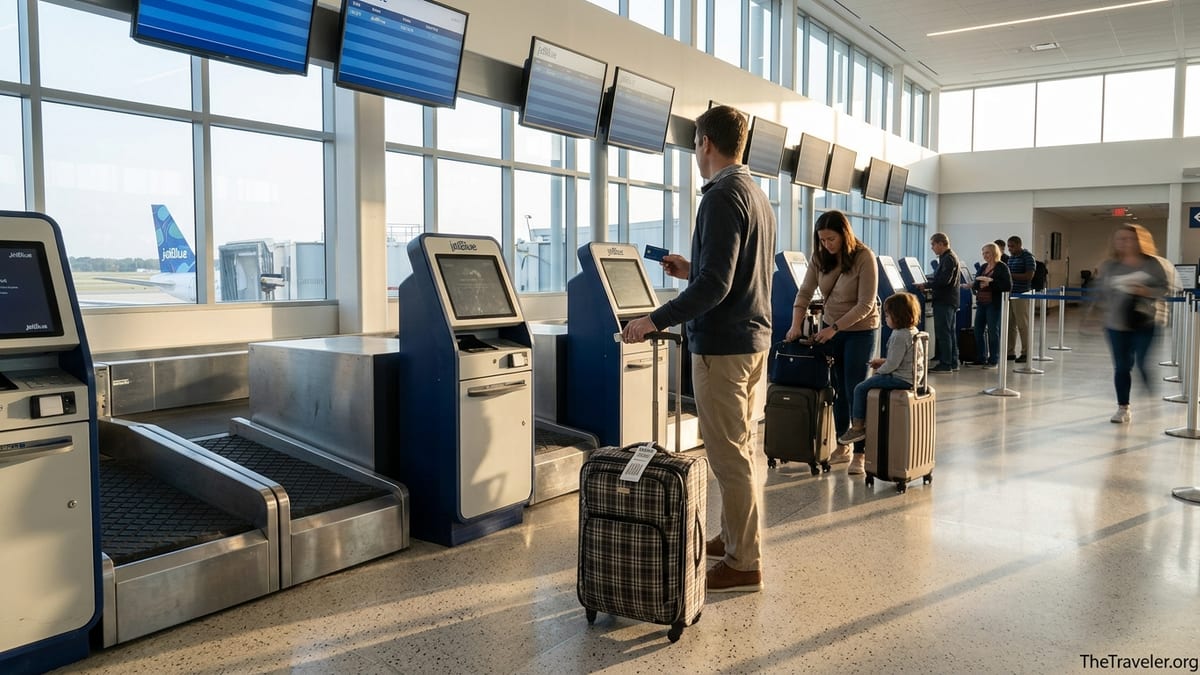 Traveler checking a suitcase at a JetBlue airport bag-drop while holding a credit card.