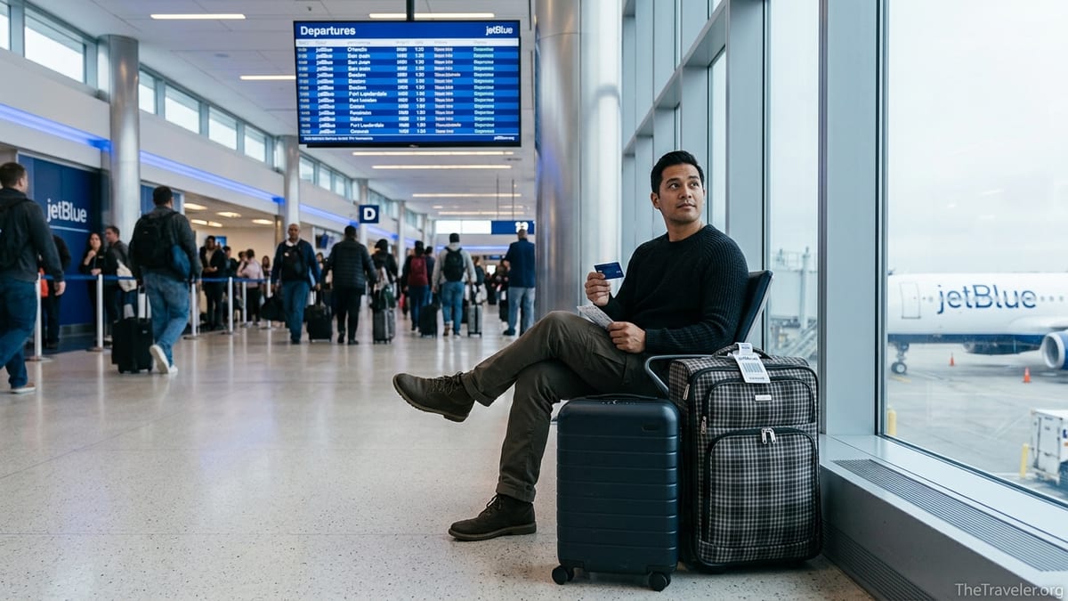 Traveler at a JetBlue gate holding a credit card beside carry-on and checked suitcase.