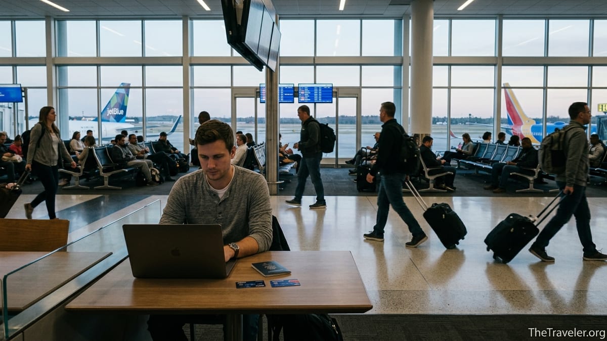 Traveler comparing JetBlue Plus and Southwest Priority credit cards in a busy airport terminal.