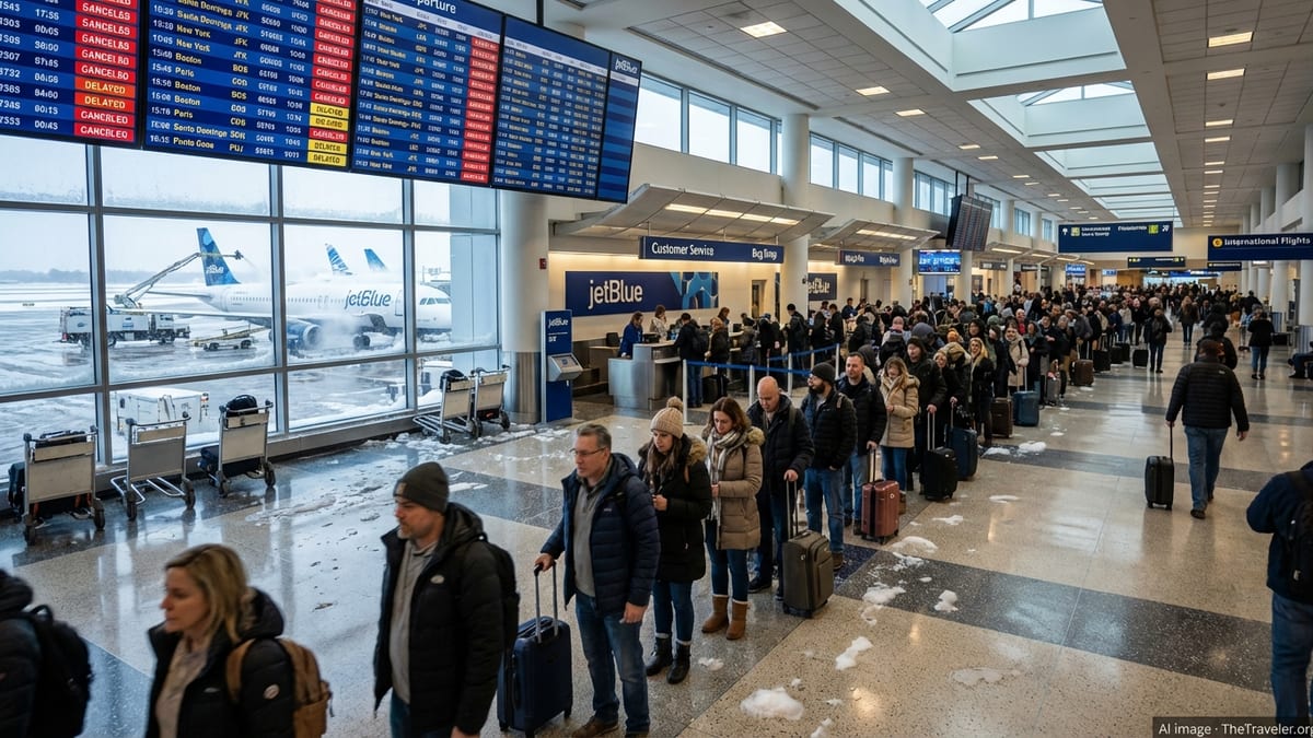 Crowded airport terminal with stranded JetBlue passengers waiting in line under departure boards showing canceled flights.